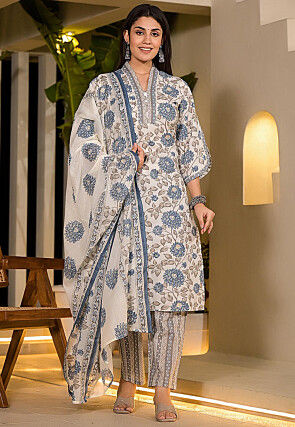 Printed Pure Cotton Pakistani Suit in Off White and Blue