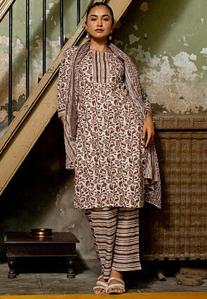 Printed Pure Cotton Pakistani Suit in Off White and Dusty Pink