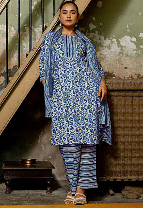 Printed Pure Cotton Pakistani Suit in Off White and Navy Blue
