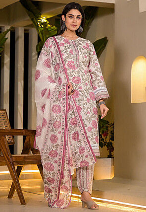 Printed Pure Cotton Pakistani Suit in Off White and Pink