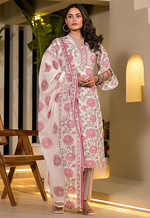 Printed Pure Cotton Pakistani Suit in Off White and Pink