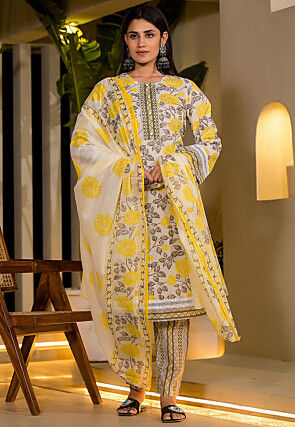 Printed Pure Cotton Pakistani Suit in Off White and Yellow
