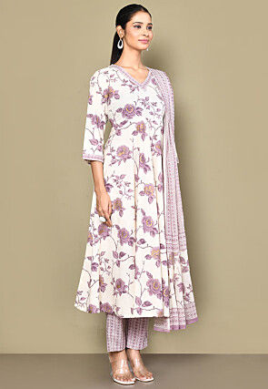 Printed Pure Cotton Pakistani Suit in Off White