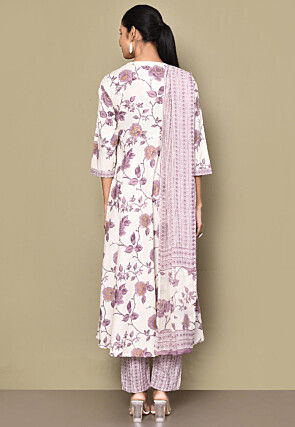 Printed Pure Cotton Pakistani Suit in Off White