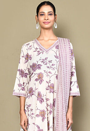Printed Pure Cotton Pakistani Suit in Off White