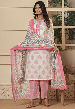 Printed Pure Cotton Pakistani Suit in Off White