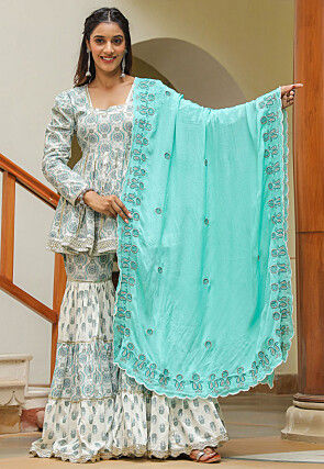 Printed Pure Cotton Pakistani Suit in Off White