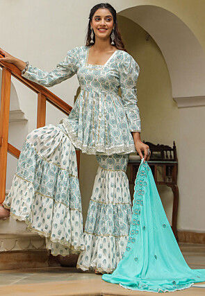 Printed Pure Cotton Pakistani Suit in Off White
