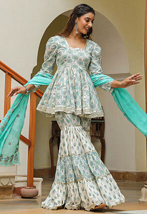 Printed Pure Cotton Pakistani Suit in Off White