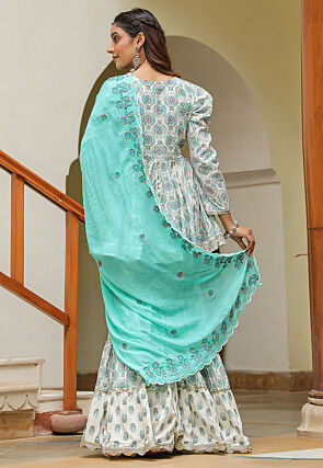 Printed Pure Cotton Pakistani Suit in Off White