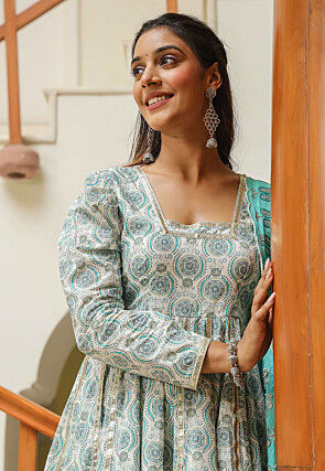 Printed Pure Cotton Pakistani Suit in Off White