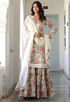 Printed Pure Cotton Pakistani Suit in Off White