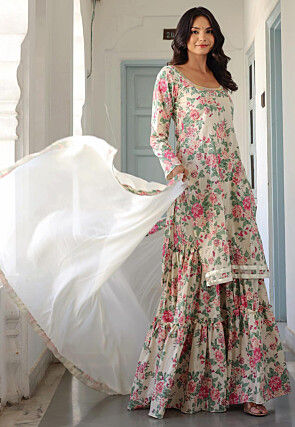 Printed Pure Cotton Pakistani Suit in Off White