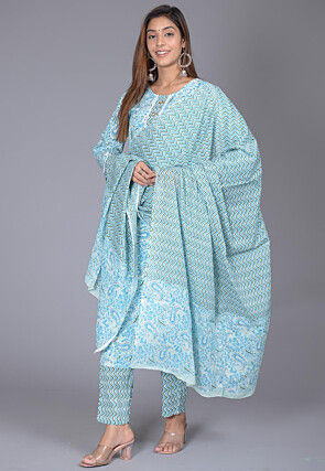 Printed Pure Cotton Pakistani Suit in Light Blue