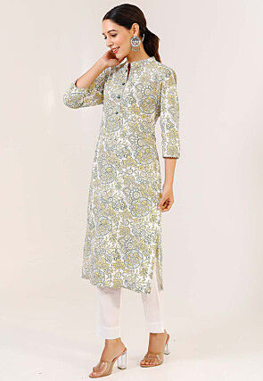 Printed Pure Cotton Pakistani Suit in Off White