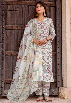 Printed Pure Cotton Pakistani Suit in Off White