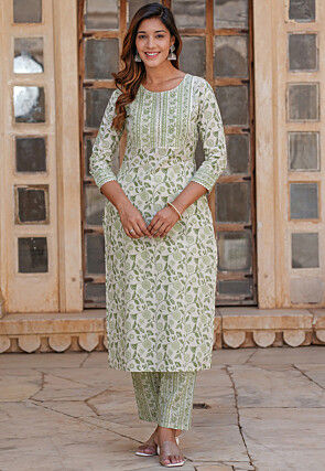 Printed Pure Cotton Pakistani Suit in Off White
