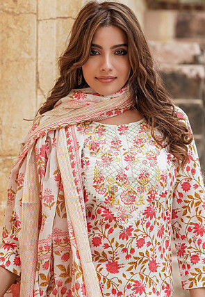 Printed Pure Cotton Pakistani Suit in Off White