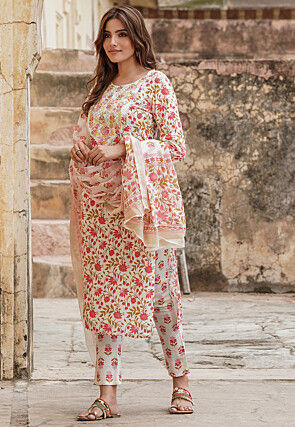 Printed Pure Cotton Pakistani Suit in Off White