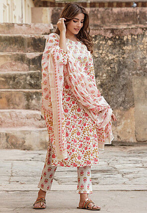 Printed Pure Cotton Pakistani Suit in Off White