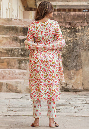 Printed Pure Cotton Pakistani Suit in Off White