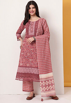Printed Pure Cotton Pakistani Suit in Old Rose