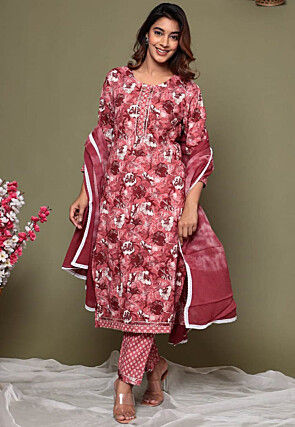 Printed Pure Cotton Pakistani Suit in Old Rose