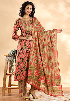 Printed Pure Cotton Pakistani Suit in Peach and Dark Brown