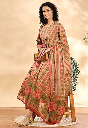 Printed Pure Cotton Pakistani Suit in Peach and Dark Brown