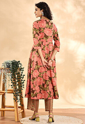 Printed Pure Cotton Pakistani Suit in Peach and Dark Brown