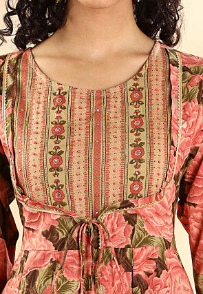 Printed Pure Cotton Pakistani Suit in Peach and Dark Brown