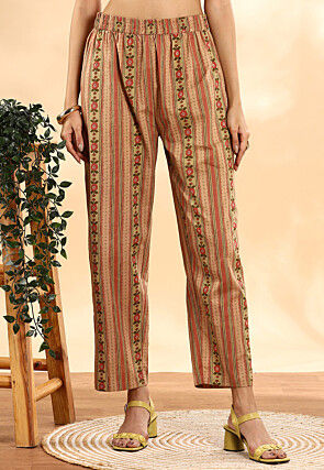 Printed Pure Cotton Pakistani Suit in Peach and Dark Brown