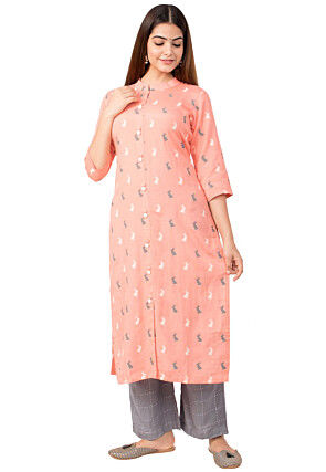 Printed Pure Cotton Pakistani Suit in Peach