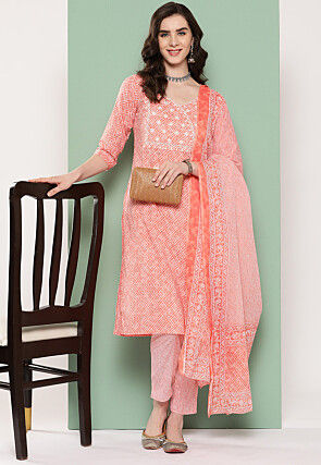 Printed Pure Cotton Pakistani Suit in Peach