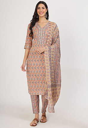 Printed Pure Cotton Pakistani Suit in Peach