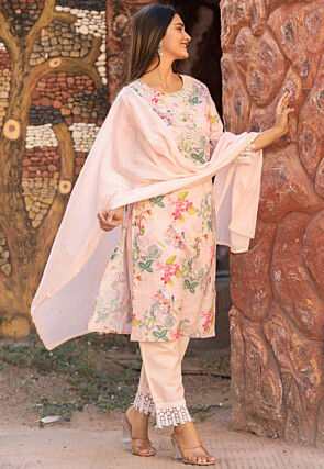 Printed Pure Cotton Pakistani Suit in Peach