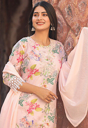 Printed Pure Cotton Pakistani Suit in Peach