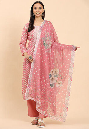 Printed Pure Cotton Pakistani Suit in Peach