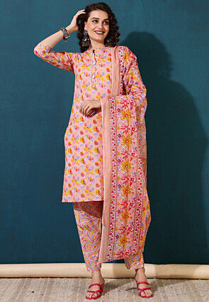 Printed Pure Cotton Pakistani Suit in Peach