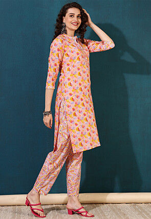Printed Pure Cotton Pakistani Suit in Peach