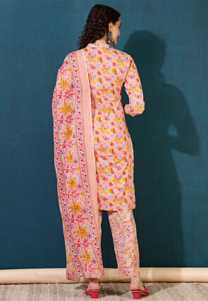 Printed Pure Cotton Pakistani Suit in Peach