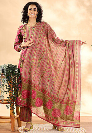 Printed Pure Cotton Pakistani Suit in Pink and Dark Brown