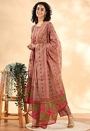 Printed Pure Cotton Pakistani Suit in Pink and Dark Brown