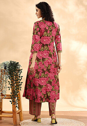 Printed Pure Cotton Pakistani Suit in Pink and Dark Brown