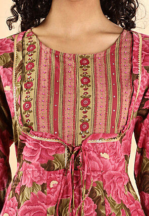 Printed Pure Cotton Pakistani Suit in Pink and Dark Brown
