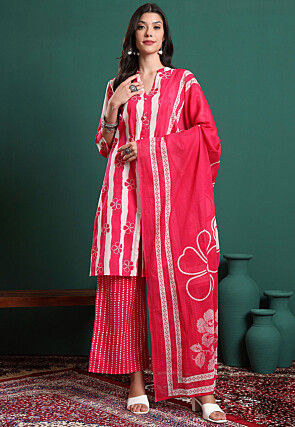 Printed Pure Cotton Pakistani Suit in Pink and White
