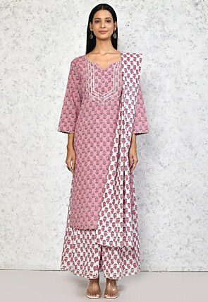 Printed Pure Cotton Pakistani Suit in Pink