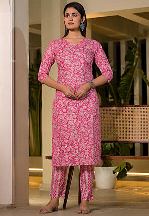 Printed Pure Cotton Pakistani Suit in Pink