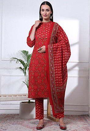 Printed Pure Cotton Pakistani Suit in Red