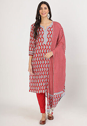 Printed Pure Cotton Pakistani Suit in Red